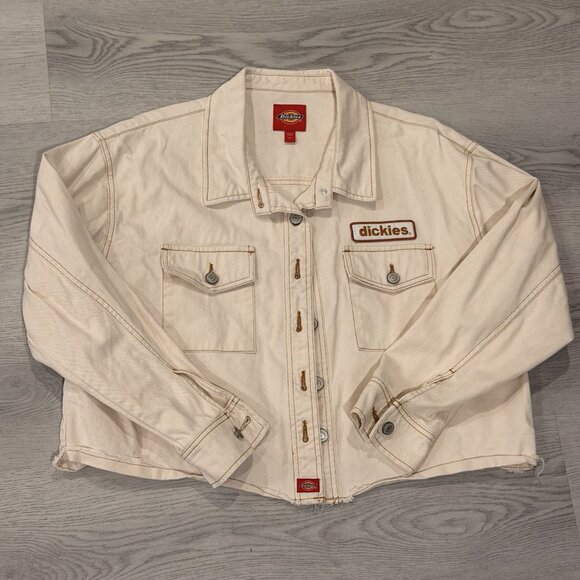 Dickies Cropped Raw Hem Denim Trucker Jacket Cream White Women’s XL Y2K Trendy - Picture 1 of 5